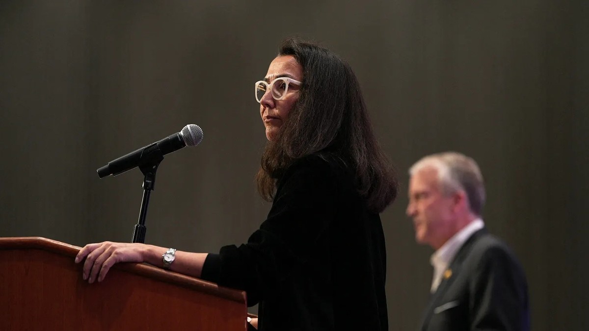 Mary Peltola speaks at a forum during the Alaska Oil and Gas Association annual conference in Anchorage on 27 August 2026. Image: MS NOW