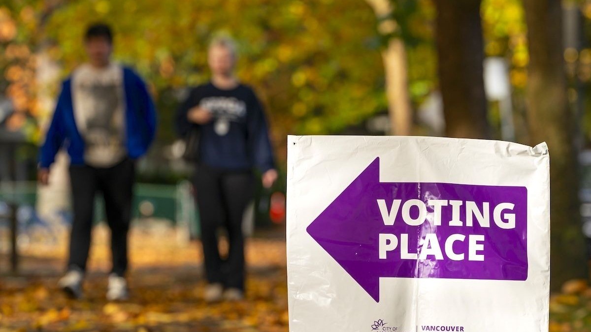 A City of Vancouver voting place sign at a park in Vancouver on election day, 17 October 2026. Image: Vancouver Sun