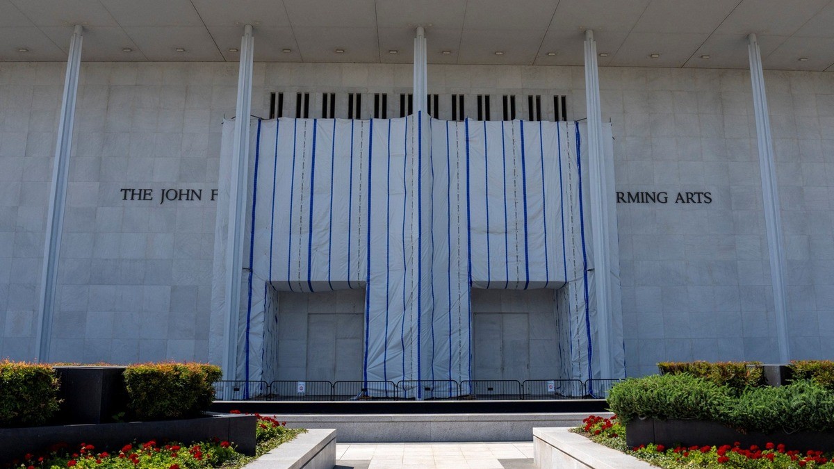 The John F. Kennedy Center for the Performing Arts in Washington, with a temporary covering over the section where President Trump's name was mounted. Photo: Reuters via The Telegraph