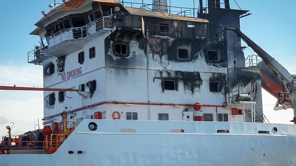 The Wine Trader after it was struck by drones in Romanian waters. Photo: Arsvom/AFP via Getty Images