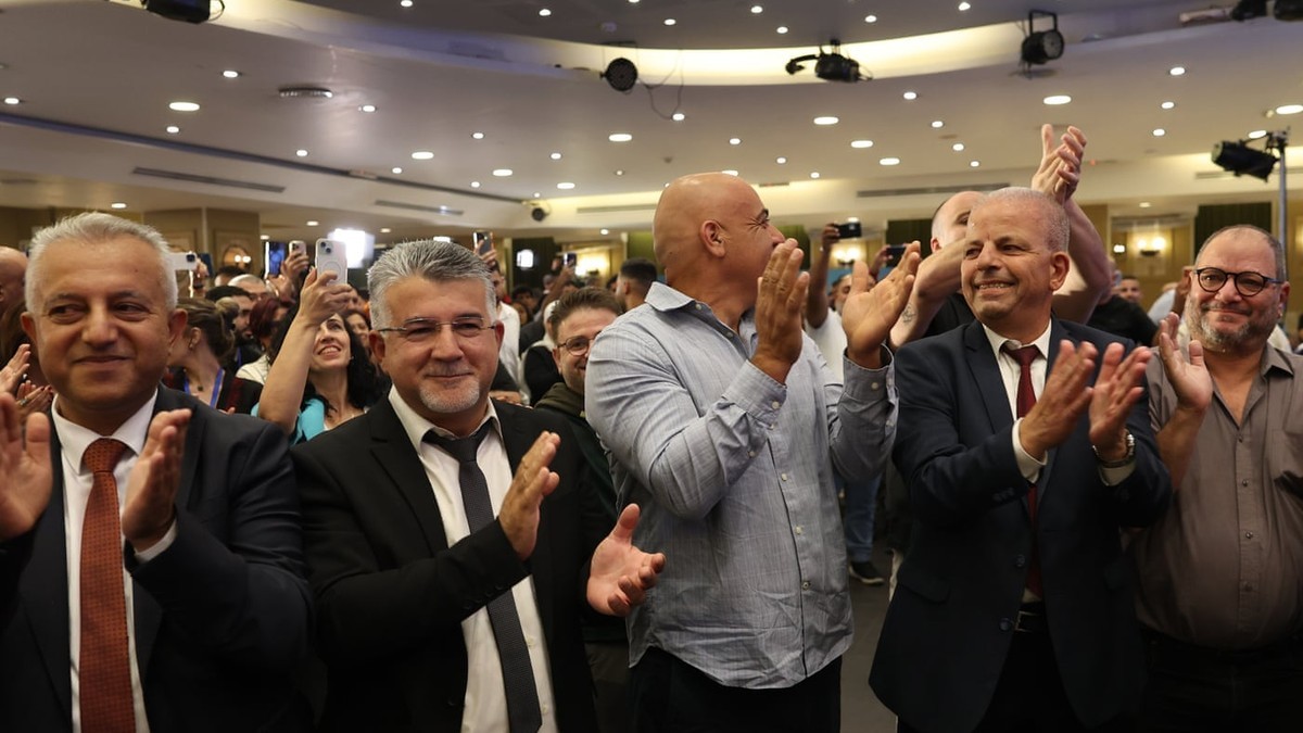 Supporters celebrate at the Joint List's election-night headquarters in Nazareth as the first exit polls are announced, 27 October 2026. Photo: Jamal Awad/EPA