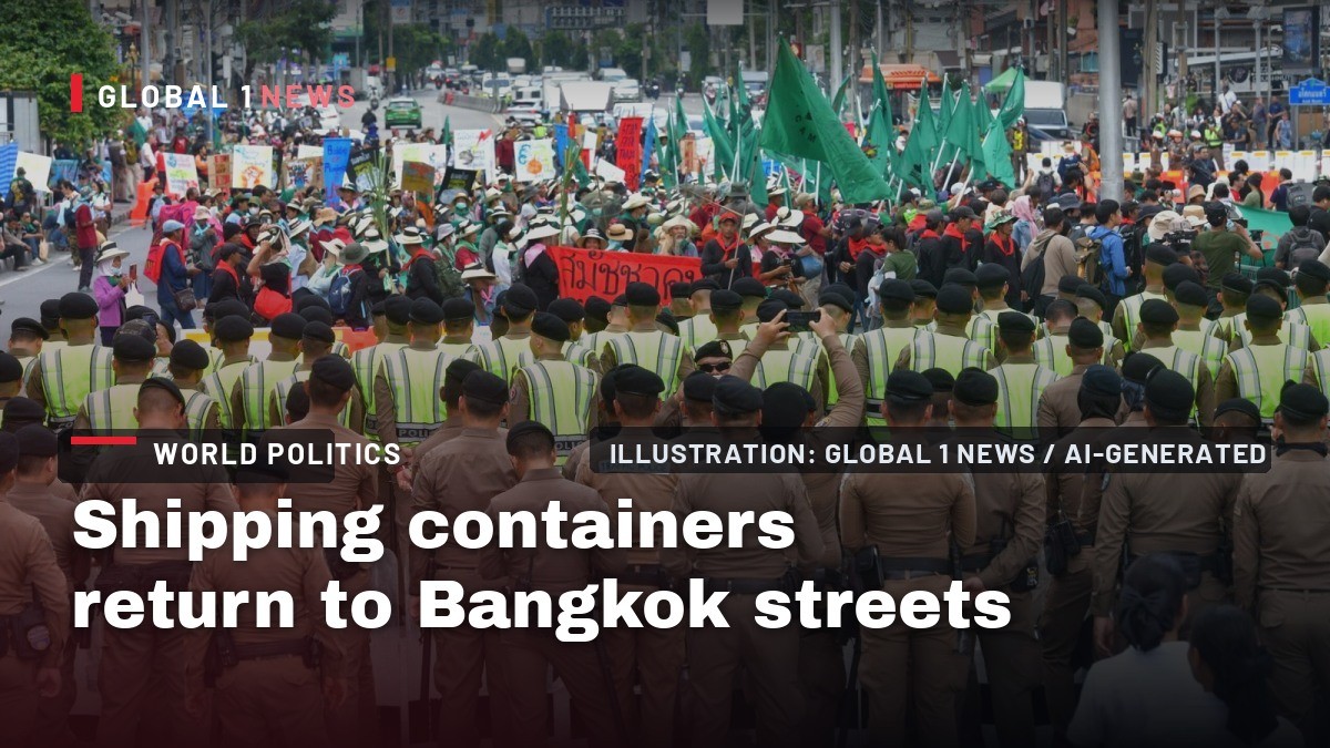 Shipping containers return to Bangkok streets as farmers protest IMF-World Bank meetings