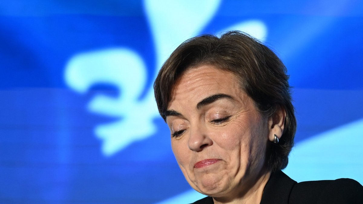 Coalition Avenir Quebec Leader Christine Frechette closes her eyes during her concession speech at the CAQ gathering in Trois-Rivieres, Quebec, on Monday, Oct. 5, 2026. Photo: Jacques Boissinot/The Canadian Press