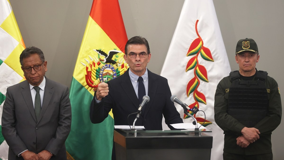 Bolivia's president, Rodrigo Paz, speaks at a press conference in La Paz on 13 March 2026 confirming the arrest of Sebastian Marset. Photograph: Luis Gandarillas/EPA