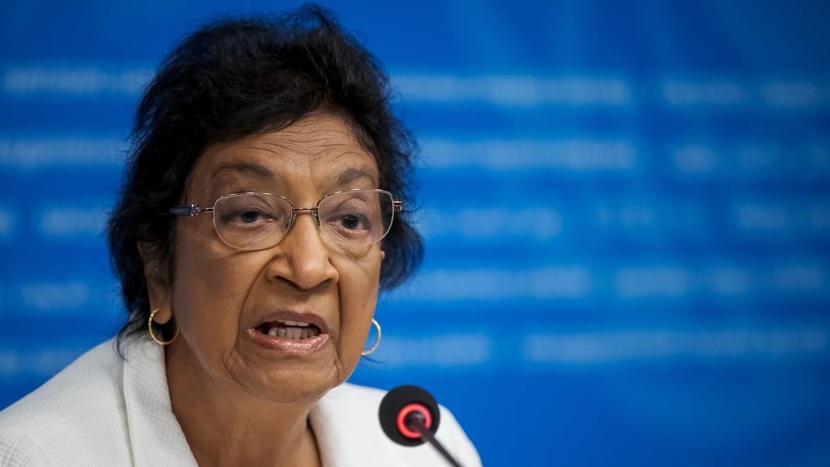 Navi Pillay speaks at a news conference in Geneva in September 2025, during her time chairing the UN Commission of Inquiry on the Occupied Palestinian Territory. Photo: Fabrice Coffrini/AFP via Getty Images