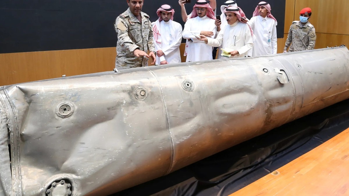 Saudi-led coalition personnel display the wreckage of a ballistic missile in Riyadh, in a Reuters file photograph from 2020. Photo: Reuters via Al Jazeera